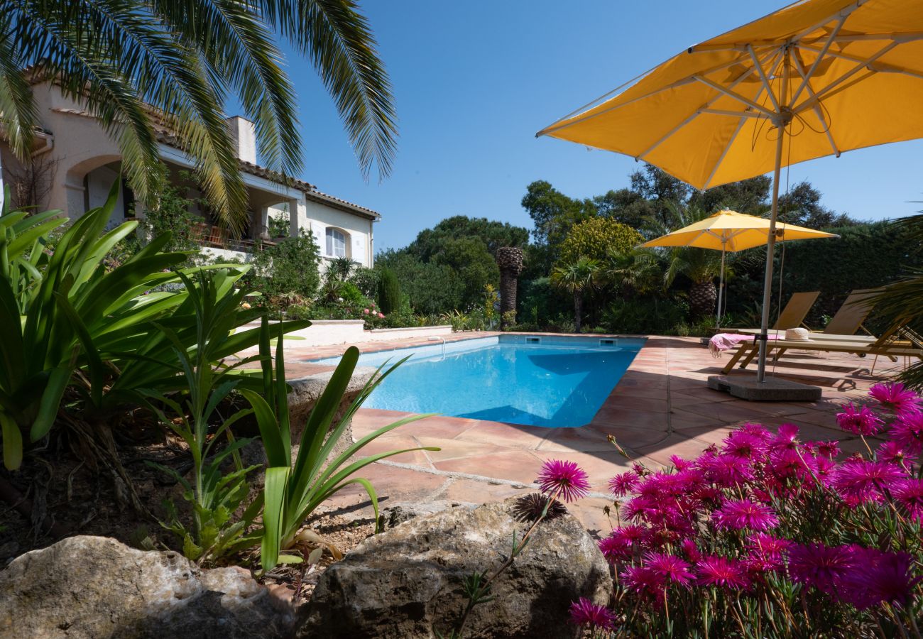 Profiter des fleurs autour de la piscine de la maison de vacances 83TEIL - vue sur la mer - Sainte-Maxime, Côte d'Azur